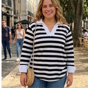 Marsh Landing Black and White Striped Polo Top